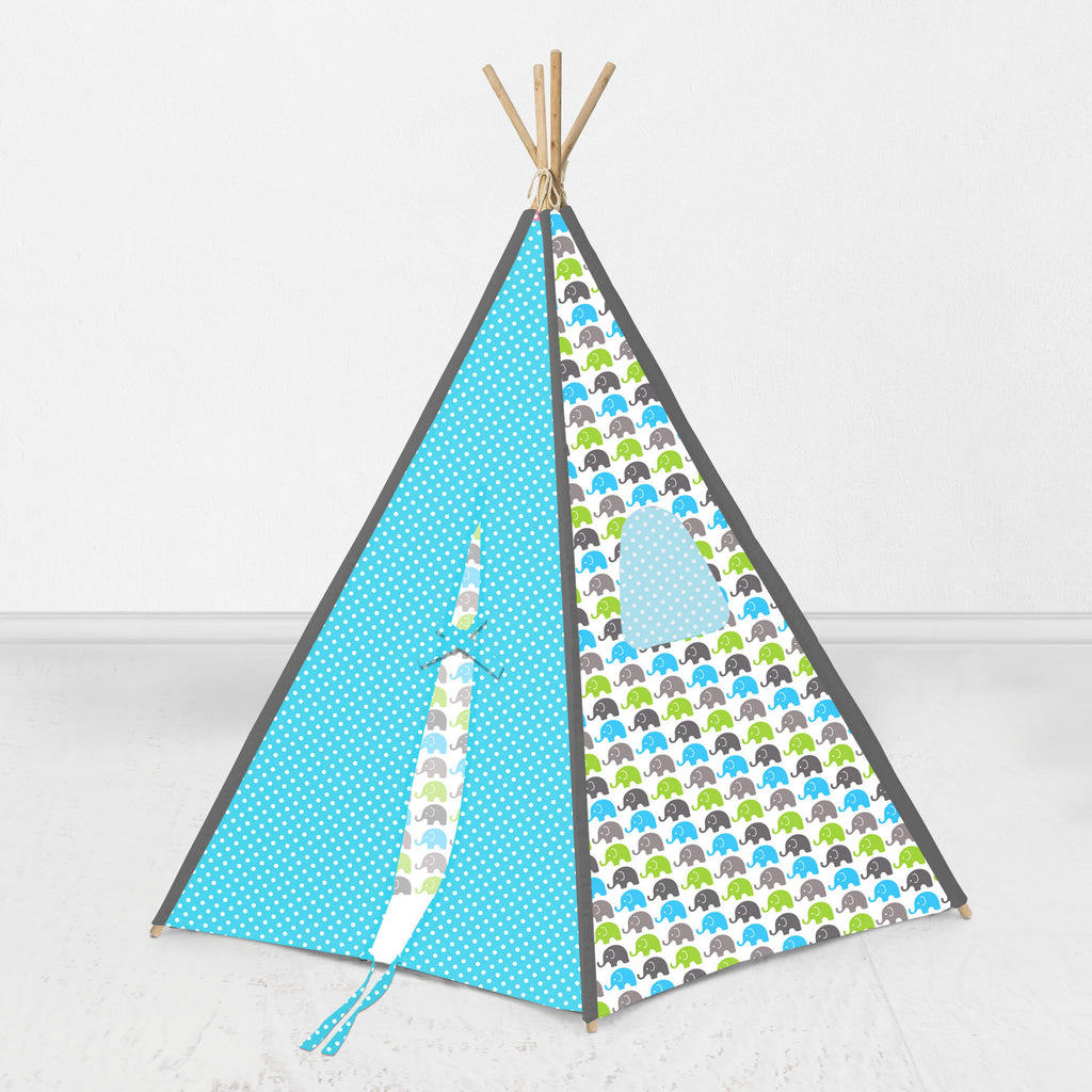 Bacati Elephants Teepee Tent for Kids/Toddlers, 100% Cotton Breathable Percale Fabric Cover, Aqua/Lime/Grey - Bacati - Tee Pee - Bacati