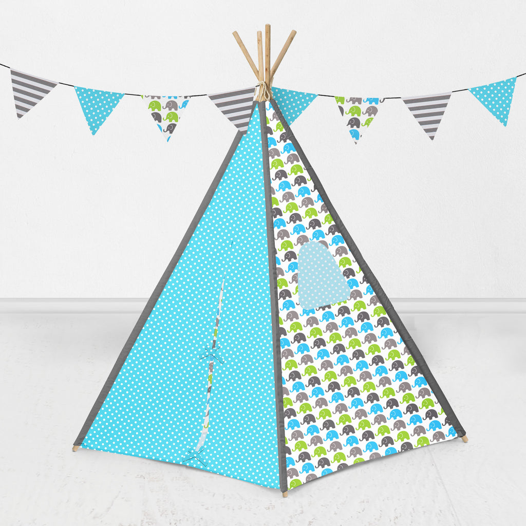 Bacati Elephants Teepee Tent for Kids/Toddlers, 100% Cotton Breathable Percale Fabric Cover, Aqua/Lime/Grey - Bacati - Tee Pee - Bacati