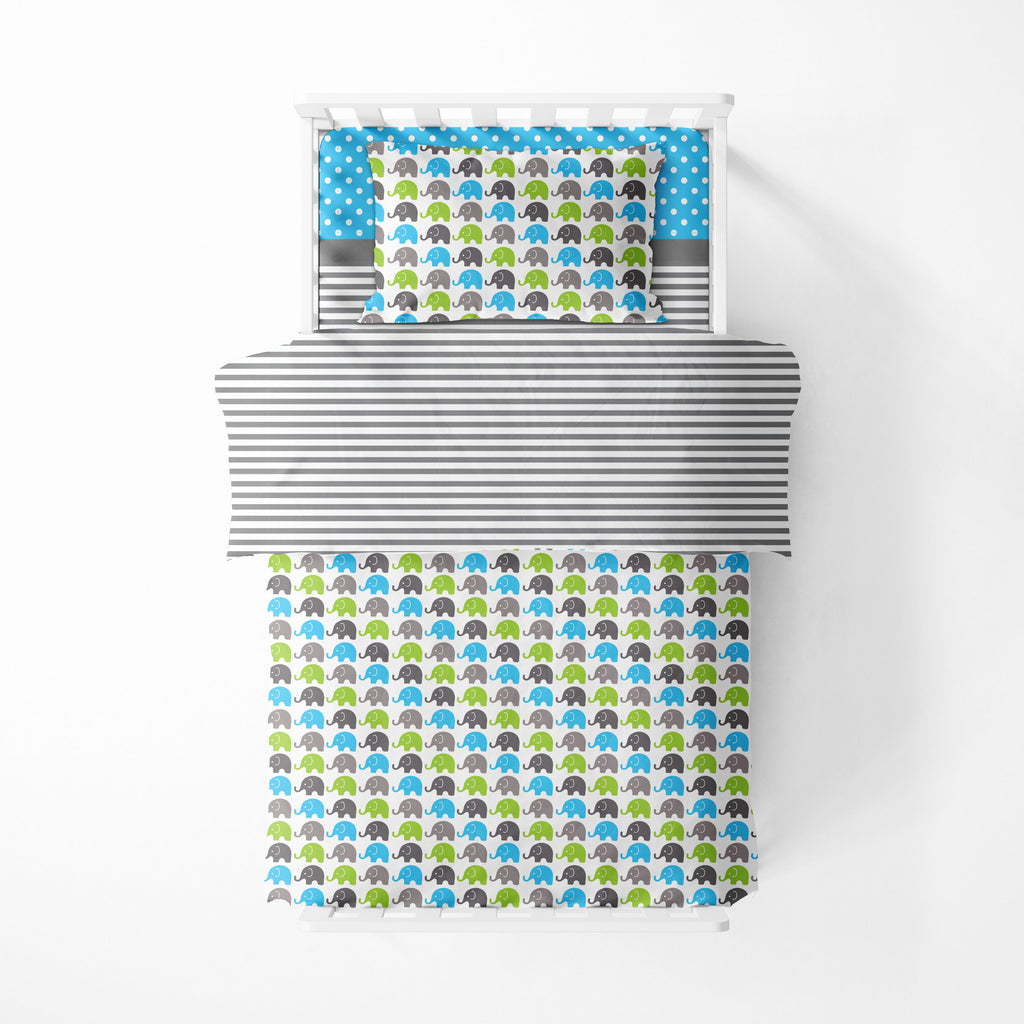 Toddler Bedding/Sheet Set 100% Cotton Percale, Elephants Aqua/Lime/Grey - Bacati - 4 pc Toddler Bedding Set - Bacati