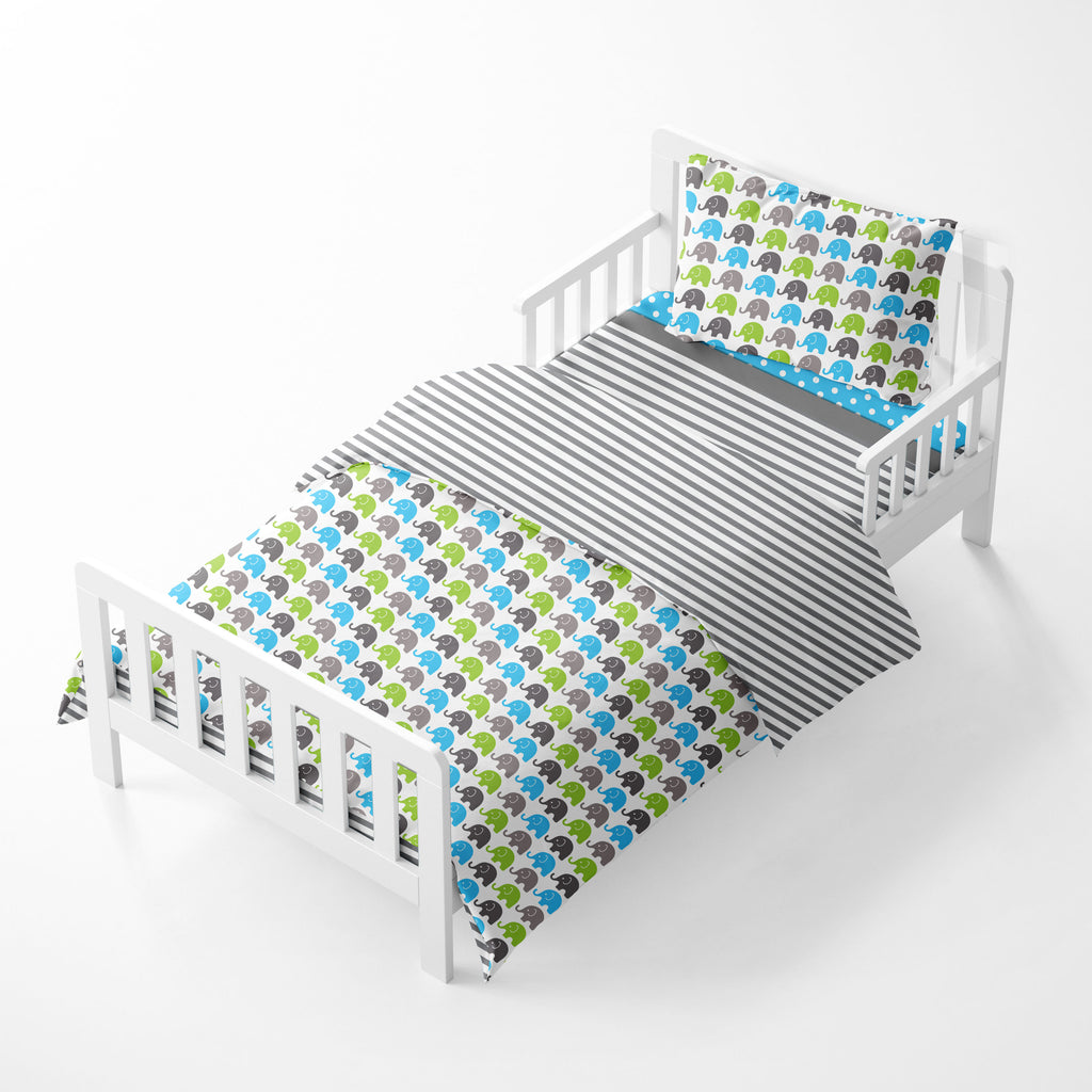 Toddler Bedding/Sheet Set 100% Cotton Percale, Elephants Aqua/Lime/Grey - Bacati - 4 pc Toddler Bedding Set - Bacati