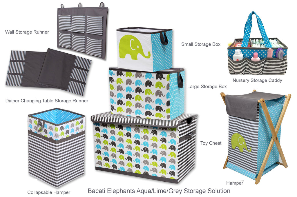 Bacati - Elephants Nursery Storage Items, Aqua/Lime/Grey - Bacati - Nursery/Kids Storage - Bacati