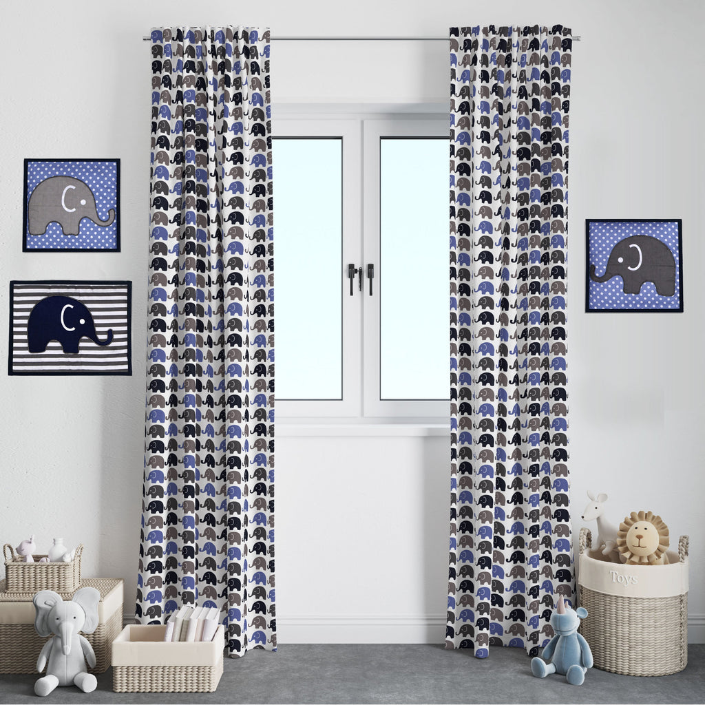 Bacati - Elephants Blue/Grey Window Curtain Panel/Valance - Bacati - Window Treatments - Bacati