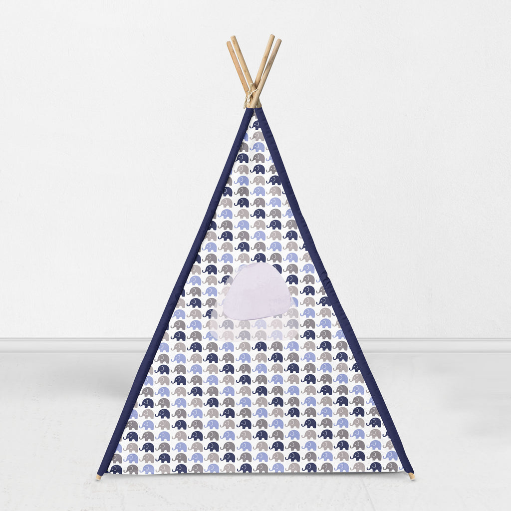 Bacati Elephants Teepee Tent for Kids/Toddlers, 100% Cotton Breathable Percale Fabric Cover, Blue/Grey - Bacati - Tee Pee - Bacati