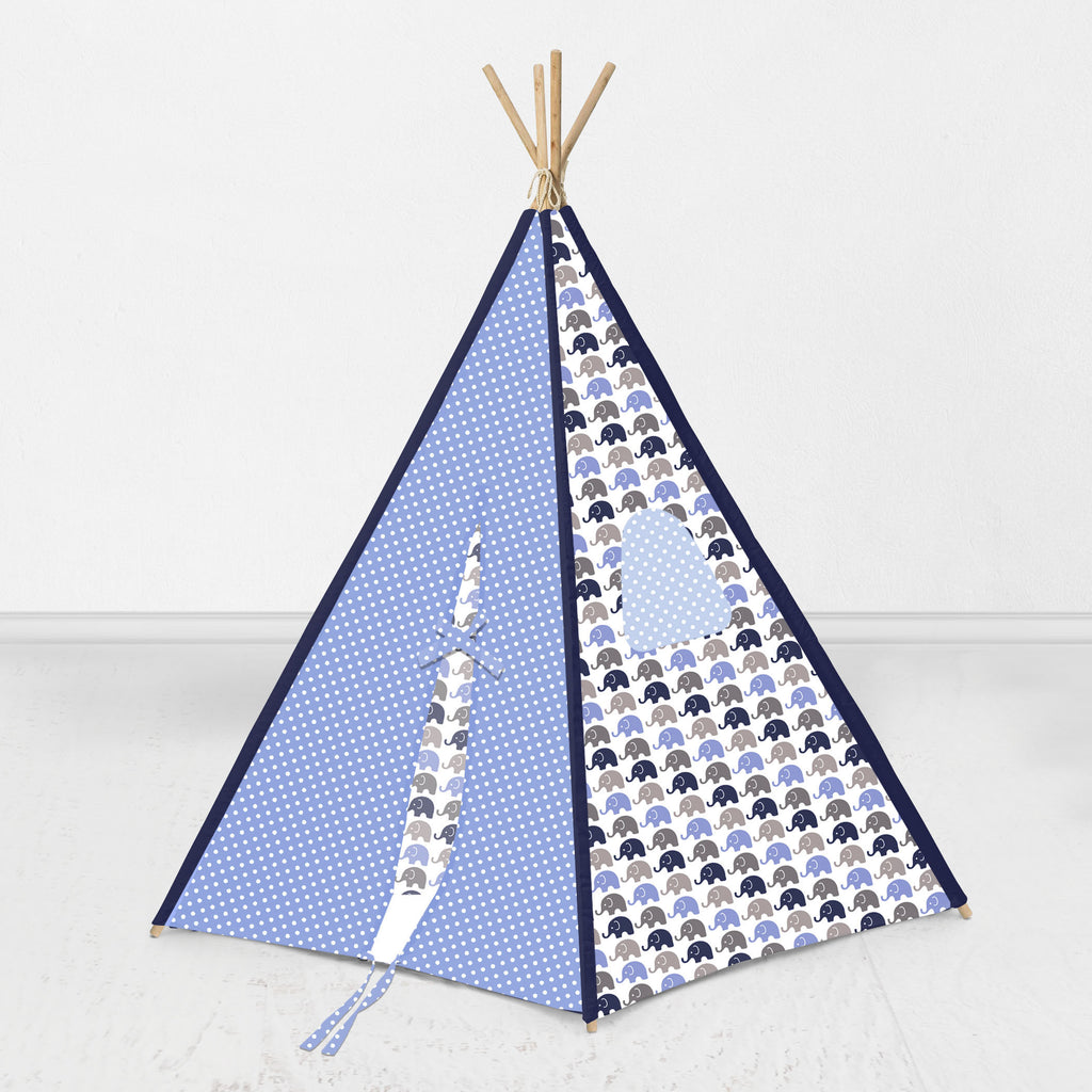 Bacati Elephants Teepee Tent for Kids/Toddlers, 100% Cotton Breathable Percale Fabric Cover, Blue/Grey - Bacati - Tee Pee - Bacati