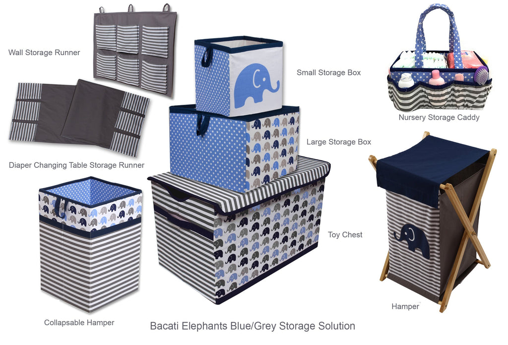 Bacati - Elephants Nursery Storage Items, Blue/Grey - Bacati - Nursery/Kids Storage - Bacati