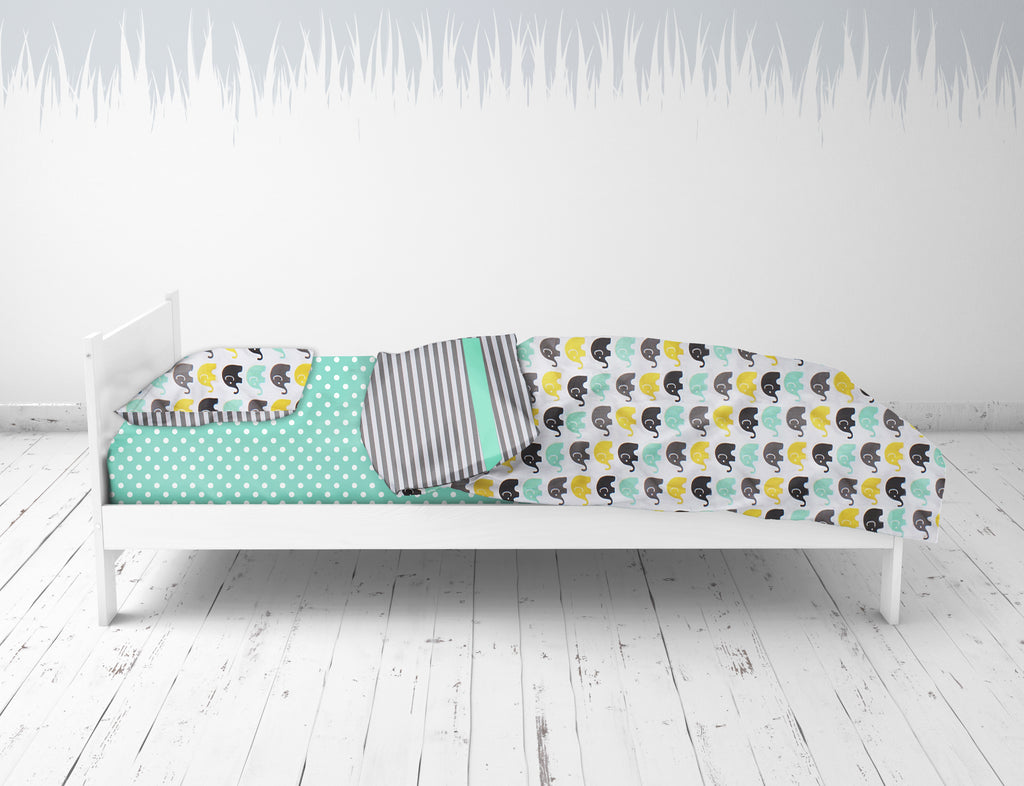 Toddler Bedding/Sheet Set 100% Cotton Percale, Elephants Mint/Yellow/Grey - Bacati - 4 pc Toddler Bedding Set - Bacati