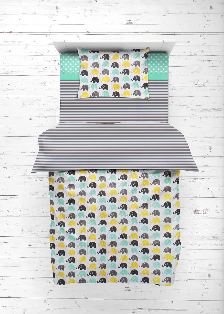 Toddler Bedding/Sheet Set 100% Cotton Percale, Elephants Mint/Yellow/Grey - Bacati - 4 pc Toddler Bedding Set - Bacati