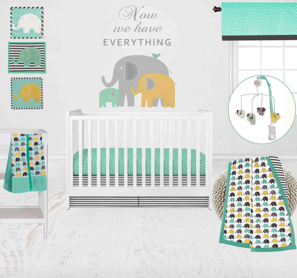 Elephants Mint/Yellow/Grey Neutral Crib Bedding Set - Bacati - Crib Bedding Set - Bacati