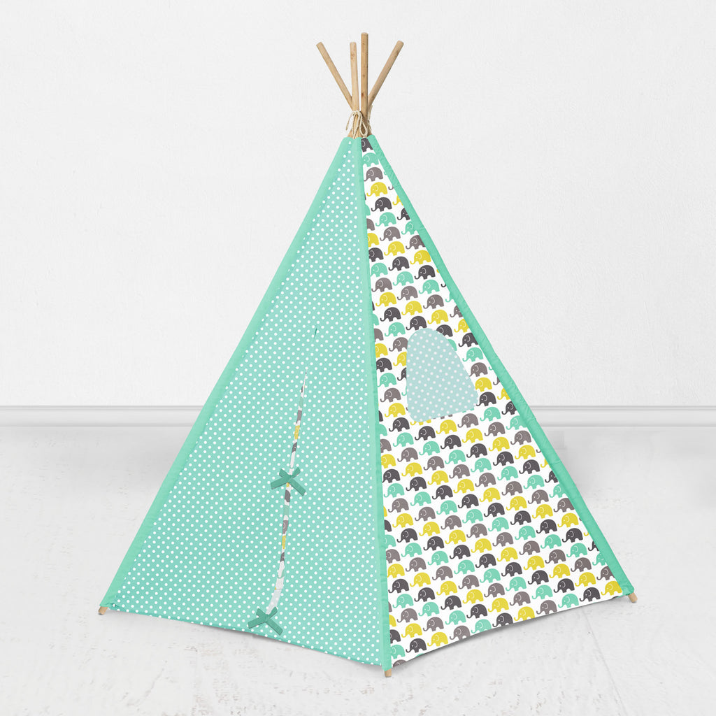 Bacati Elephants Teepee Tent for Kids/Toddlers, 100% Cotton Breathable Percale Fabric Cover, Mint/Yellow/Grey - Bacati - Tee Pee - Bacati