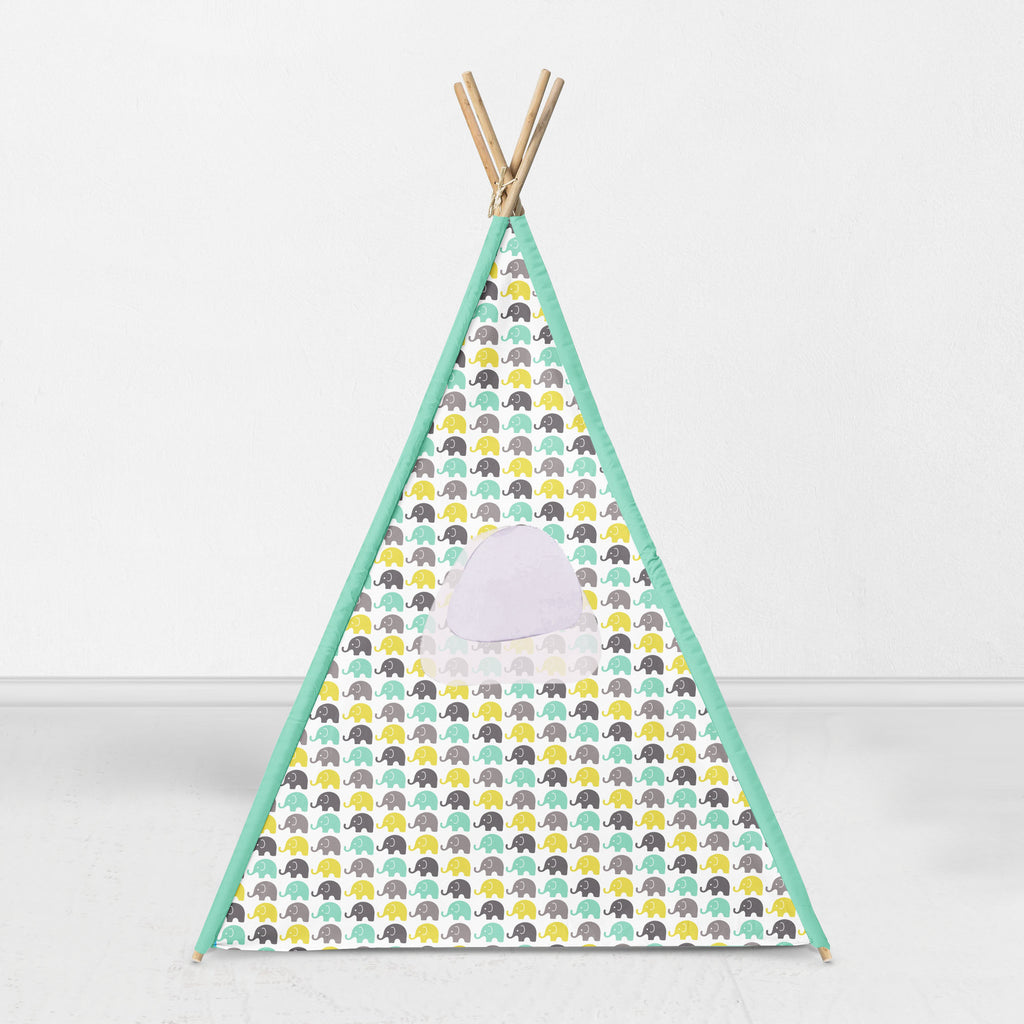 Bacati Elephants Teepee Tent for Kids/Toddlers, 100% Cotton Breathable Percale Fabric Cover, Mint/Yellow/Grey - Bacati - Tee Pee - Bacati