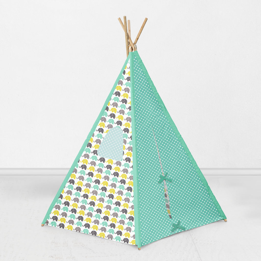 Bacati Elephants Teepee Tent for Kids/Toddlers, 100% Cotton Breathable Percale Fabric Cover, Mint/Yellow/Grey - Bacati - Tee Pee - Bacati