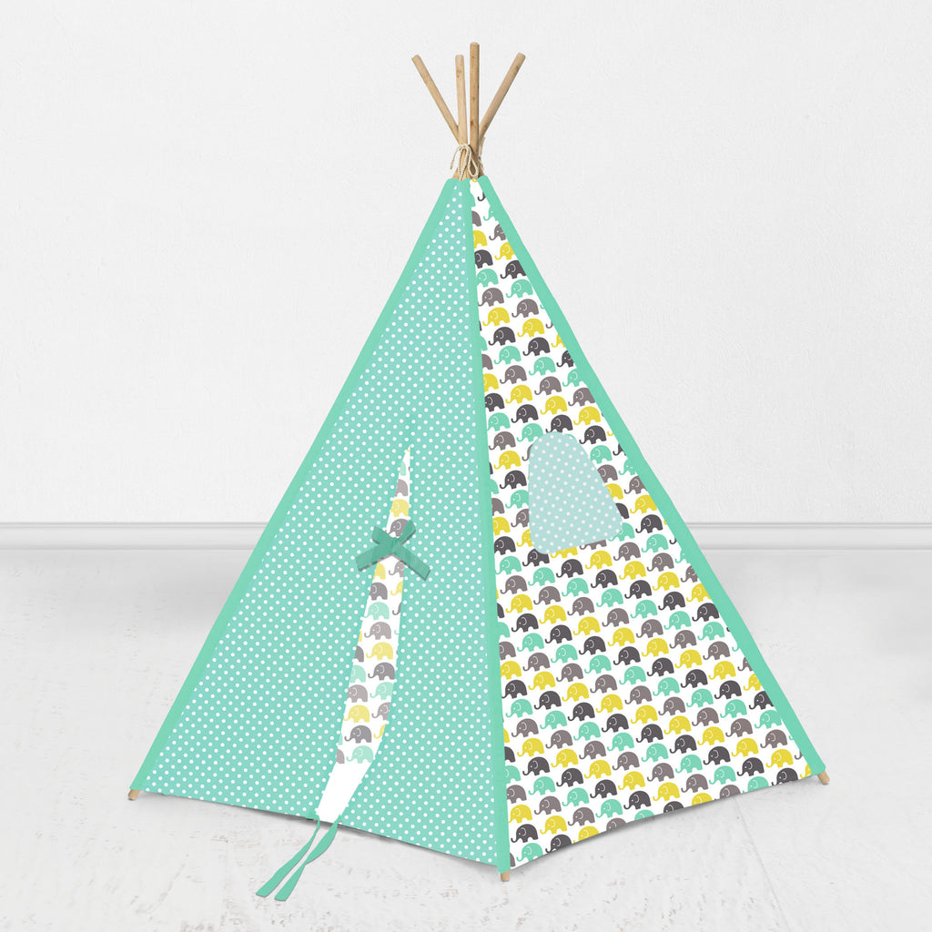 Bacati Elephants Teepee Tent for Kids/Toddlers, 100% Cotton Breathable Percale Fabric Cover, Mint/Yellow/Grey - Bacati - Tee Pee - Bacati