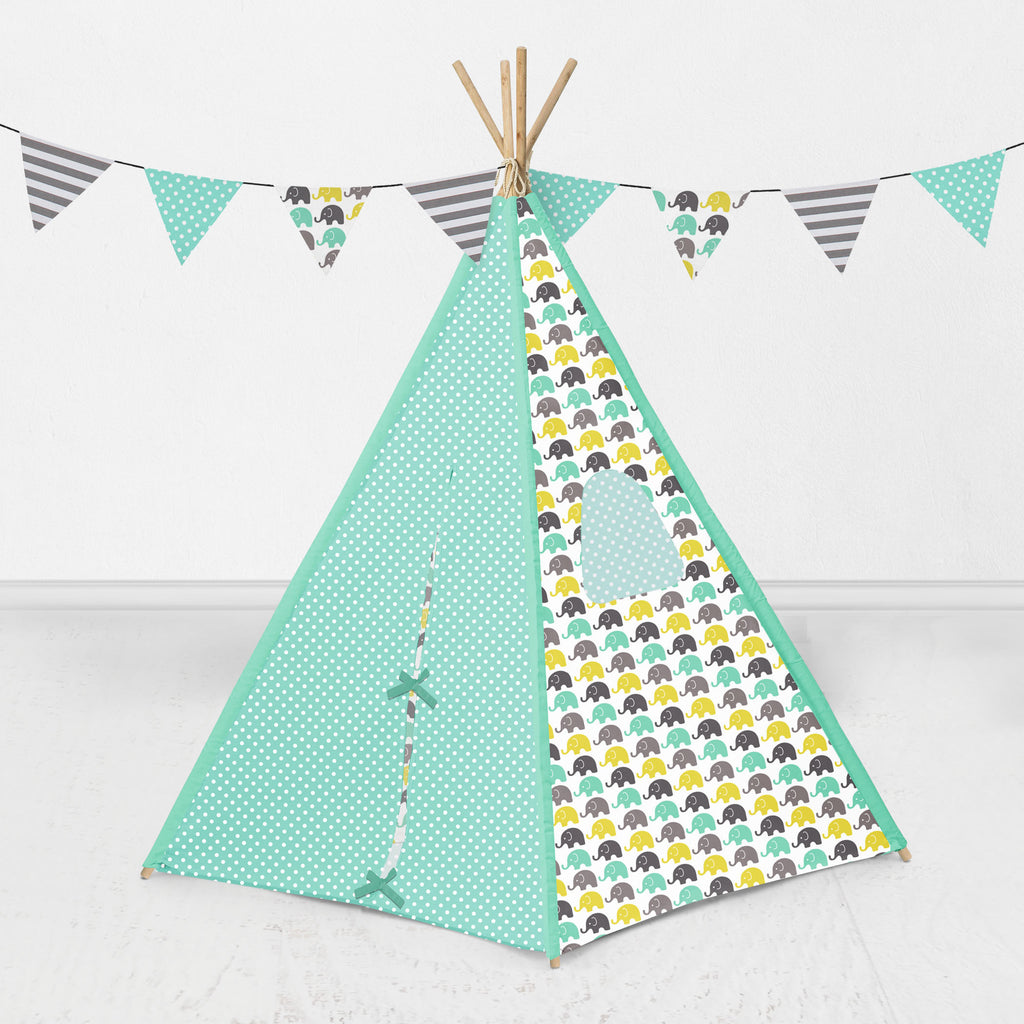 Bacati Elephants Teepee Tent for Kids/Toddlers, 100% Cotton Breathable Percale Fabric Cover, Mint/Yellow/Grey - Bacati - Tee Pee - Bacati