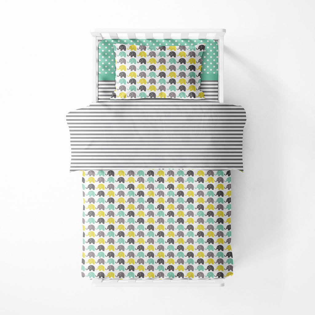 Toddler Bedding/Sheet Set 100% Cotton Percale, Elephants Mint/Yellow/Grey - Bacati - 4 pc Toddler Bedding Set - Bacati