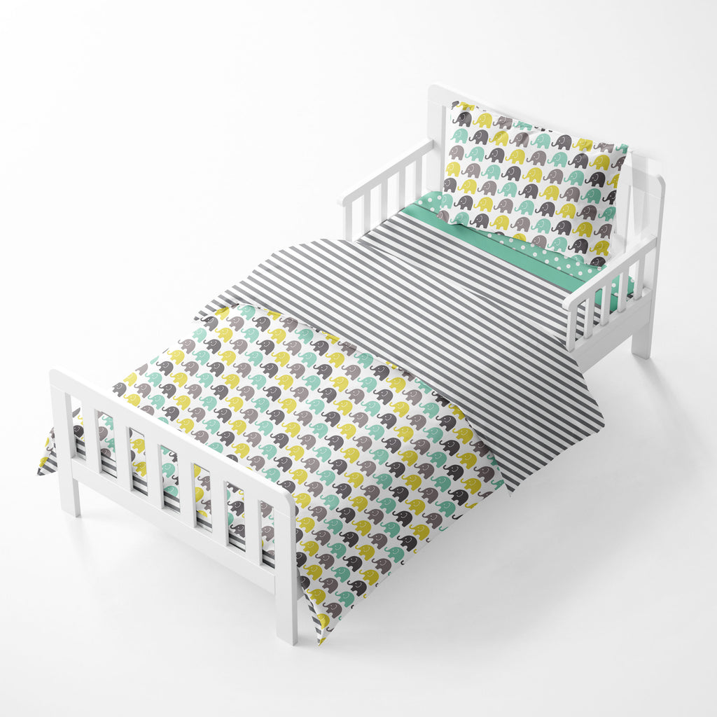 Toddler Bedding/Sheet Set 100% Cotton Percale, Elephants Mint/Yellow/Grey - Bacati - 4 pc Toddler Bedding Set - Bacati