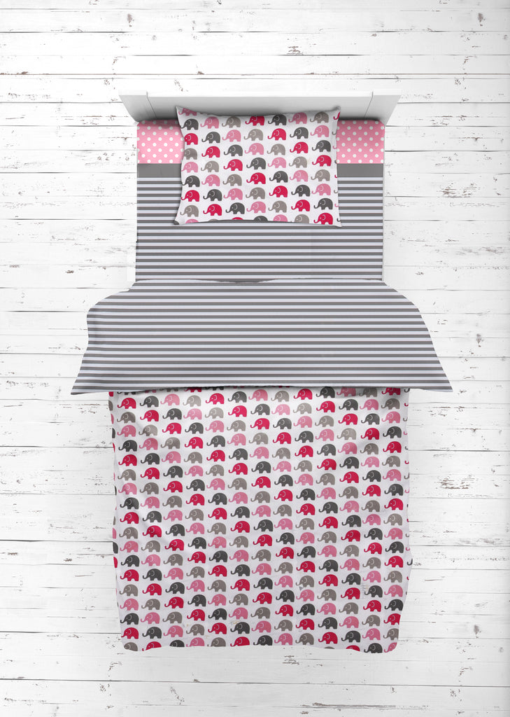 Toddler Bedding/Sheet Set 100% Cotton Percale, Elephants Pink/Grey - Bacati - 4 pc Toddler Bedding Set - Bacati