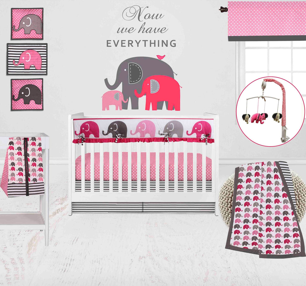 Elephants Pink/Grey Girls Crib Bedding Set - Bacati - Crib Bedding Set - Bacati