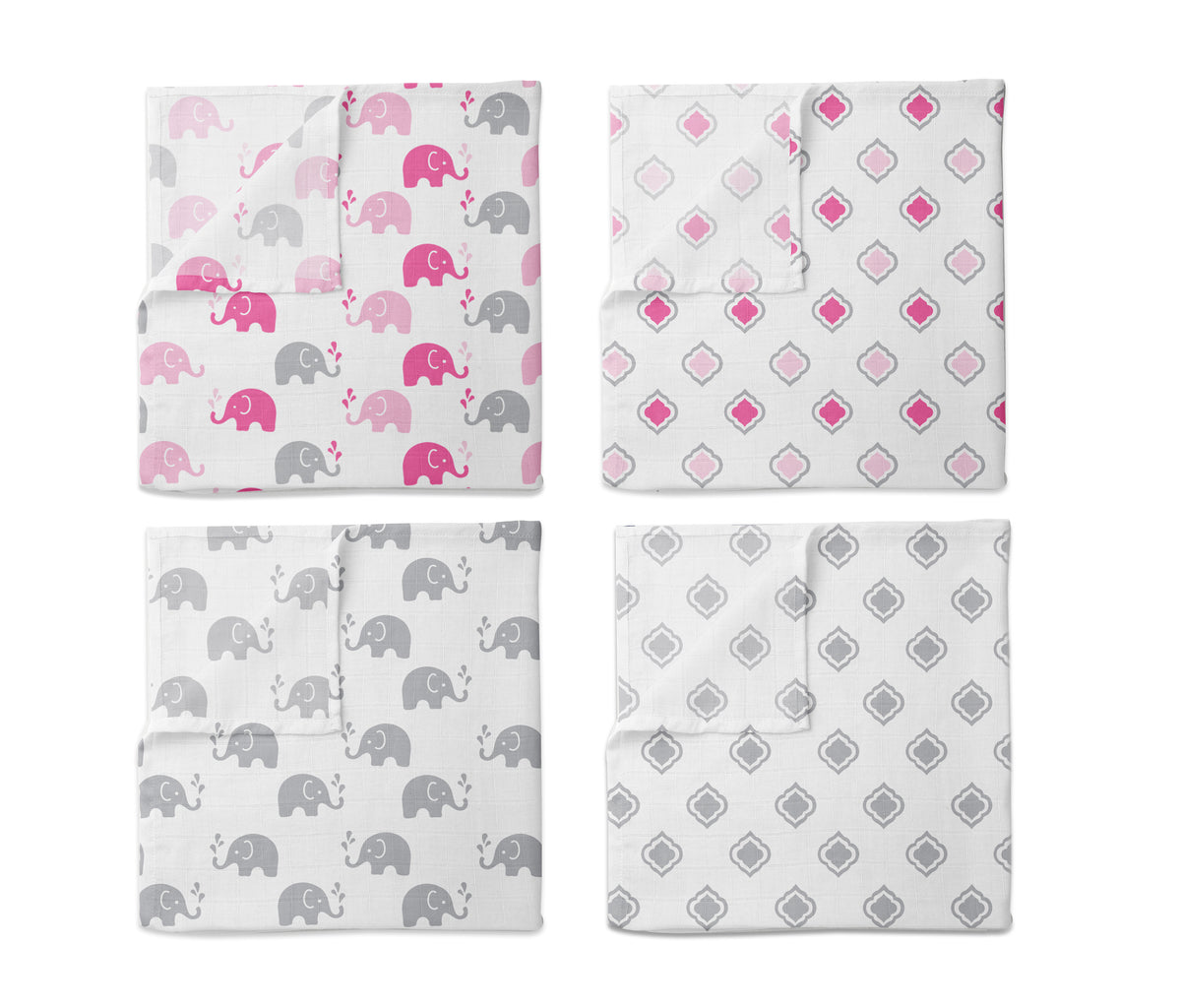 Bacati - 4 Pack Girls Muslin Essentials Swaddle Blankets Elephants Pin