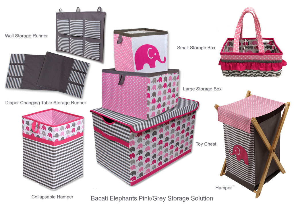 Bacati - Elephants Nursery Storage Items, Pink/Grey - Bacati - Nursery/Kids Storage - Bacati