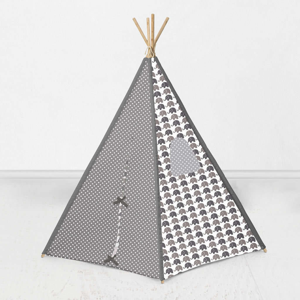 Bacati Elephants Teepee Tent for Kids/Toddlers, 100% Cotton Breathable Percale Fabric Cover, White/Grey - Bacati - Tee Pee - Bacati