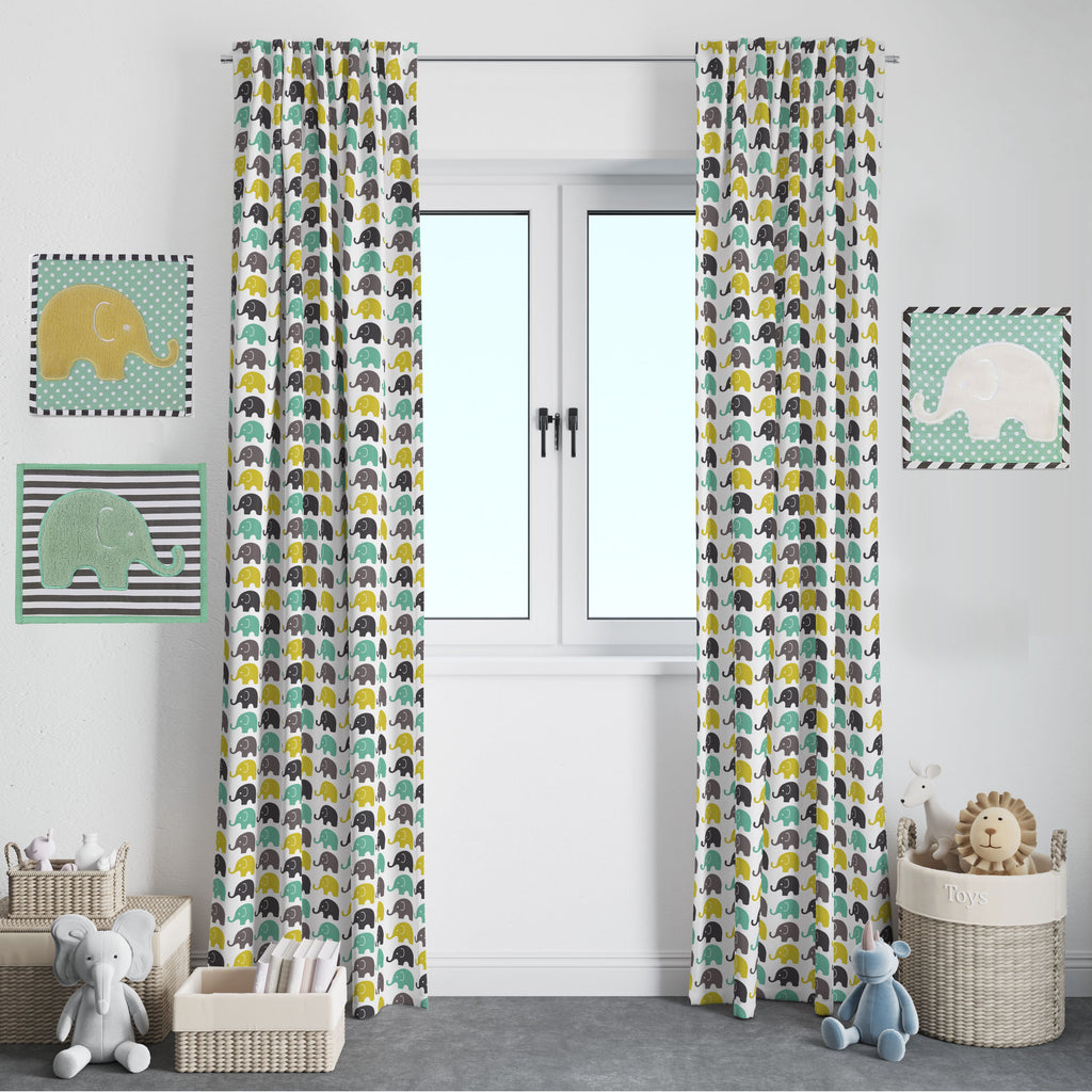 Bacati - Elephants Mint/Yellow/Grey Window Curtain Panel/Valance - Bacati - Window Treatments - Bacati