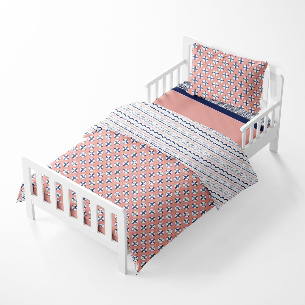 Girls 4 pc Toddler Bedding/3 pc Sheet Set 100% Cotton Percale, Tribal Olivia Coral/Navy - Bacati - 4 pc Toddler Bedding Set - Bacati