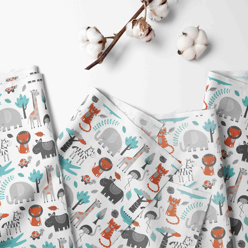 Bacati - Multiple Options of Crib or Toddler Bed Skirt or Dust Ruffle 100% Cotton Percale, Safari Jungle Aqua/Orange/Grey - Bacati - Crib or Toddler Bed Skirt - Bacati