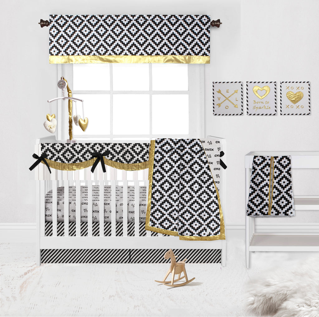 Long/Small Crib Rail Guard Covers Love Aztec, Black/Gold - Bacati - Crib Rail Guard - Bacati