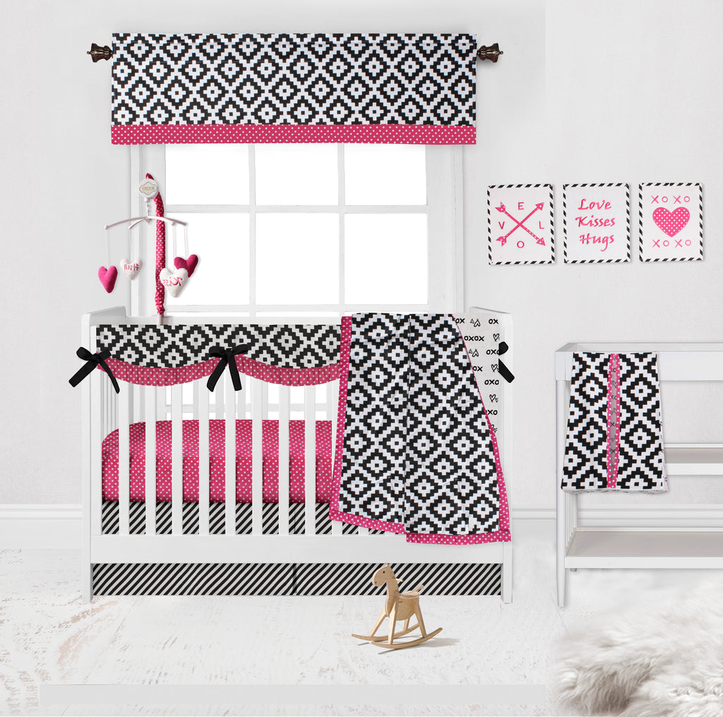 Crib Rail Guard Covers Cotton Love Aztec, Black/Fuchsia - Bacati - Crib Rail Guard - Bacati