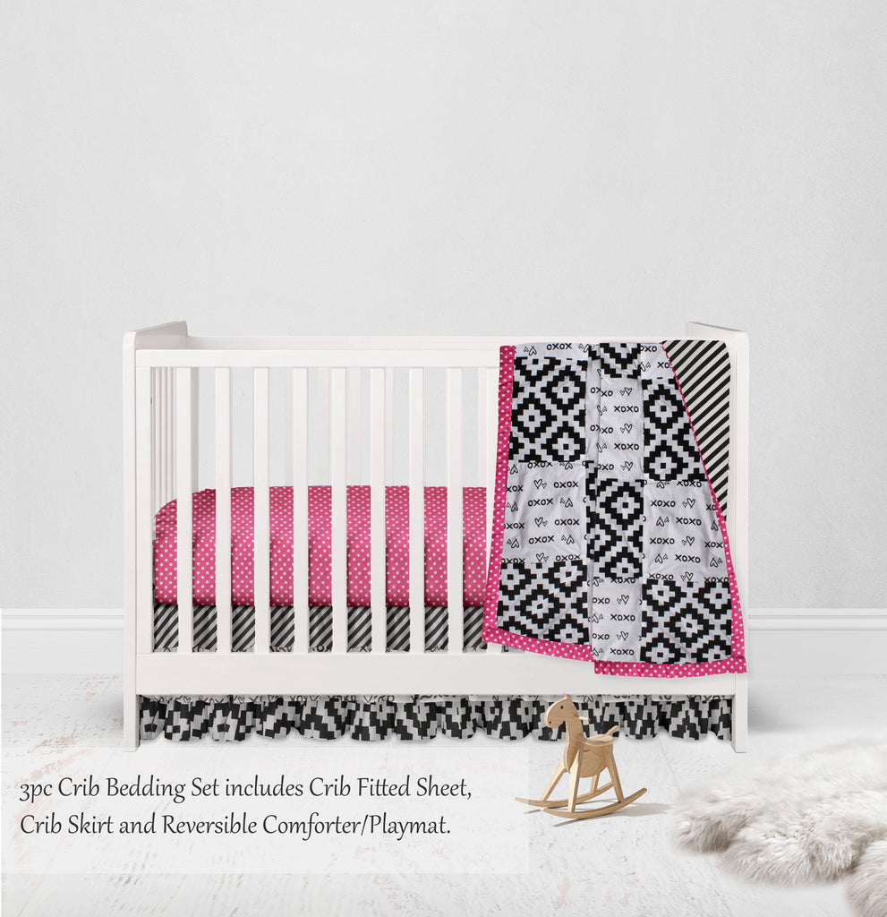 Love Aztec Black/Fuchsia Girls Crib Bedding Set - Bacati - Crib Bedding Set - Bacati