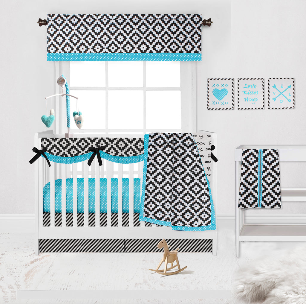 Long/Small Crib Rail Guard Covers Cotton Love Aztec, Black/Aqua - Bacati - Crib Rail Guard - Bacati