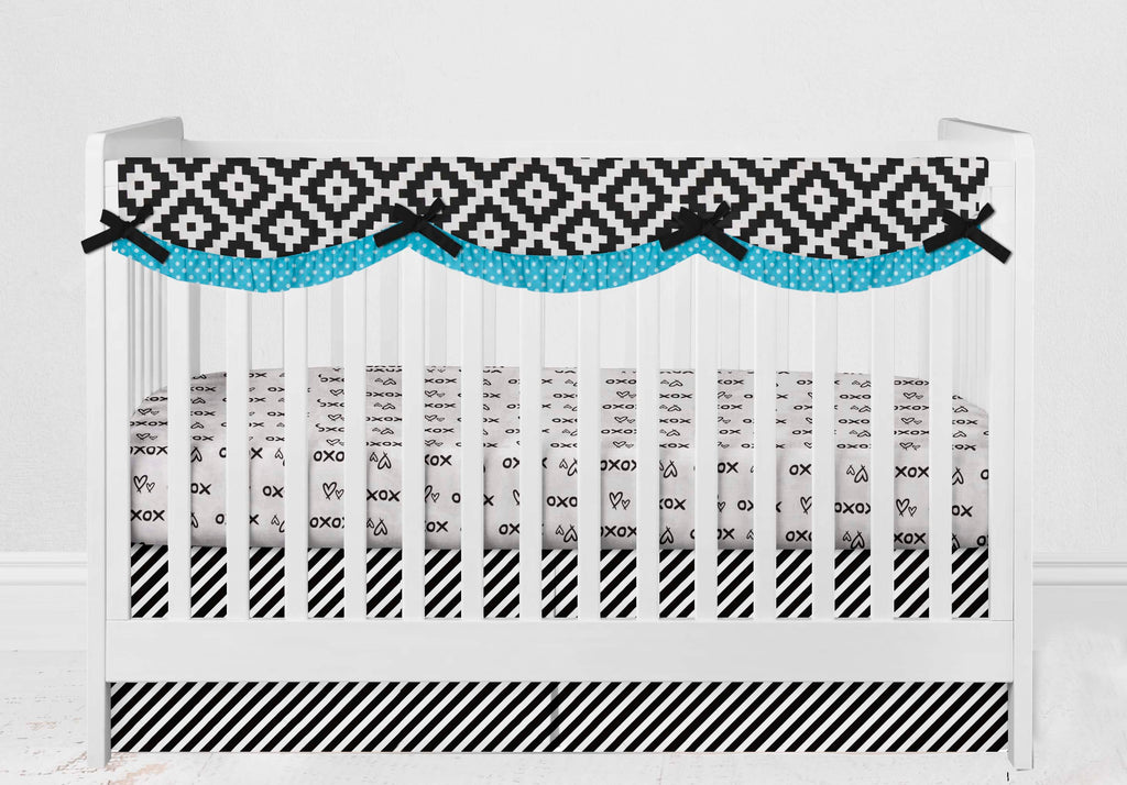 Long/Small Crib Rail Guard Covers Cotton Love Aztec, Black/Aqua - Bacati - Crib Rail Guard - Bacati