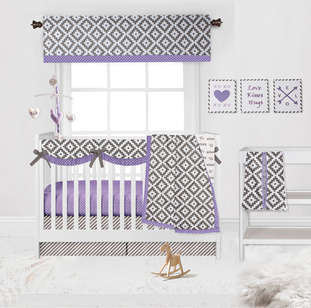 Long/Small Crib Rail Guard Covers Cotton Love Aztec, Grey/Lilac - Bacati - Crib Rail Guard - Bacati