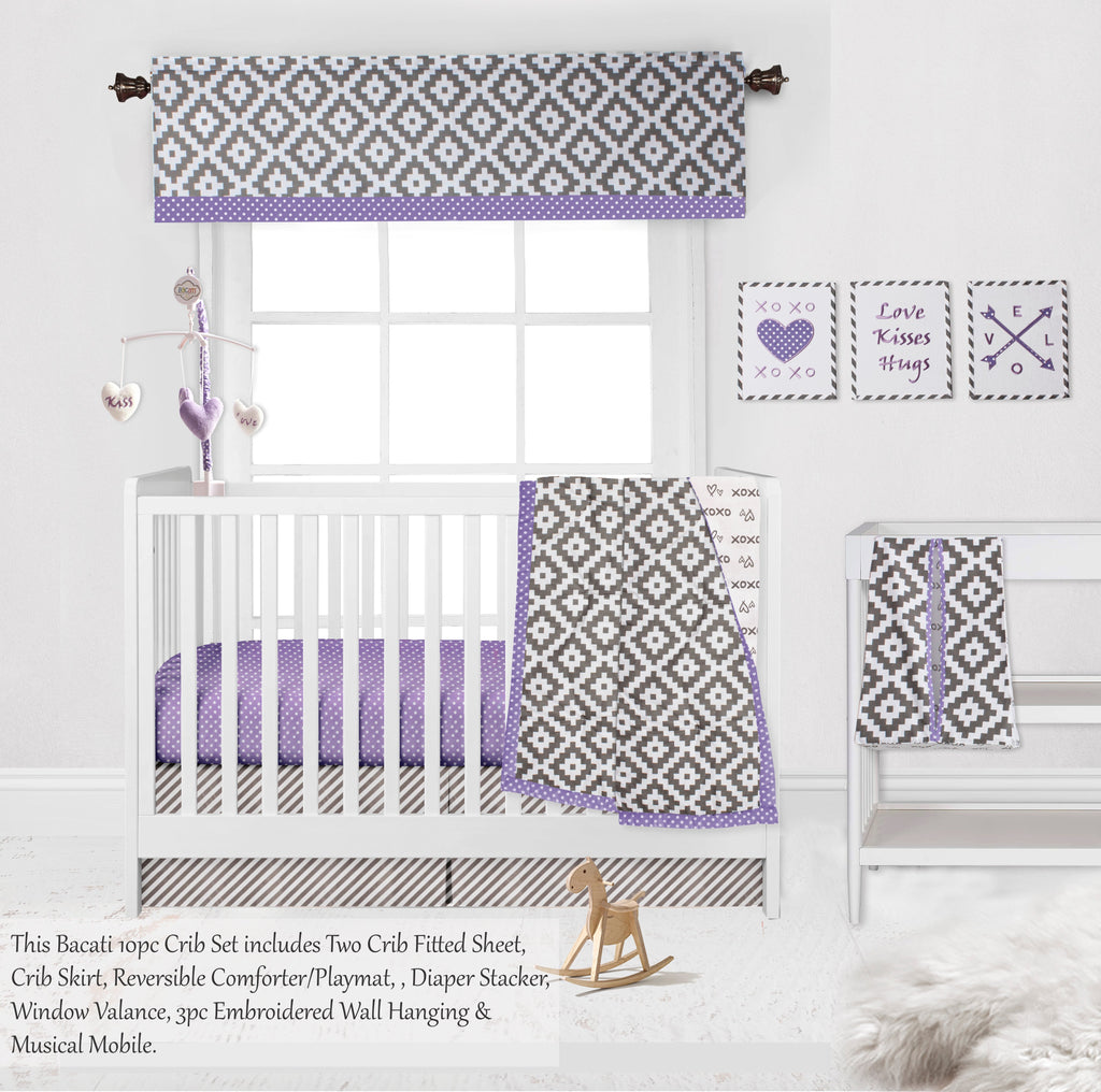 Love Aztec Grey/Purple Girls Crib Bedding Set - Bacati - Crib Bedding Set - Bacati