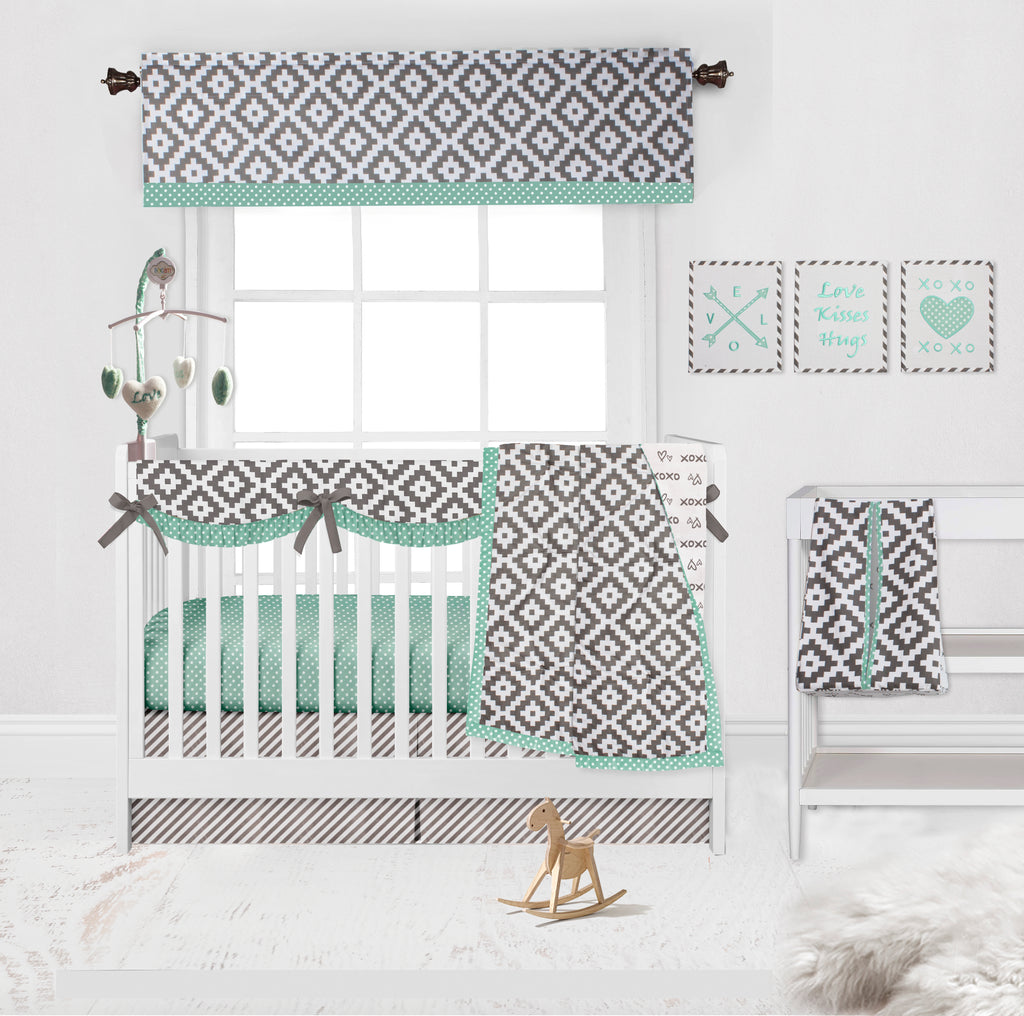 Crib Rail Guard Covers Cotton Love Aztec, Grey/Mint - Bacati - Crib Rail Guard - Bacati