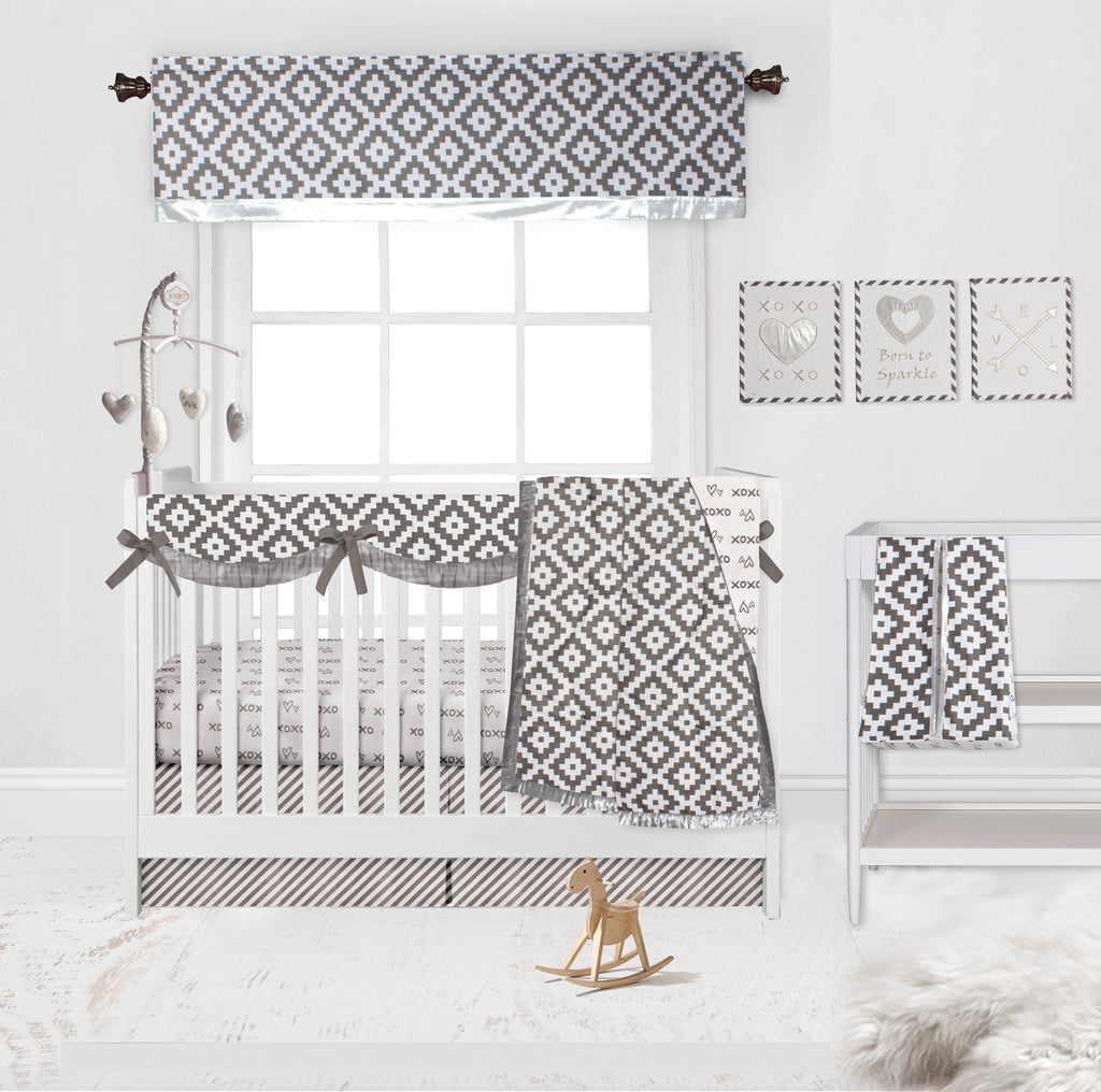 Long/Small Crib Rail Guard Covers Love Aztec, Grey/Silver - Bacati - Crib Rail Guard - Bacati