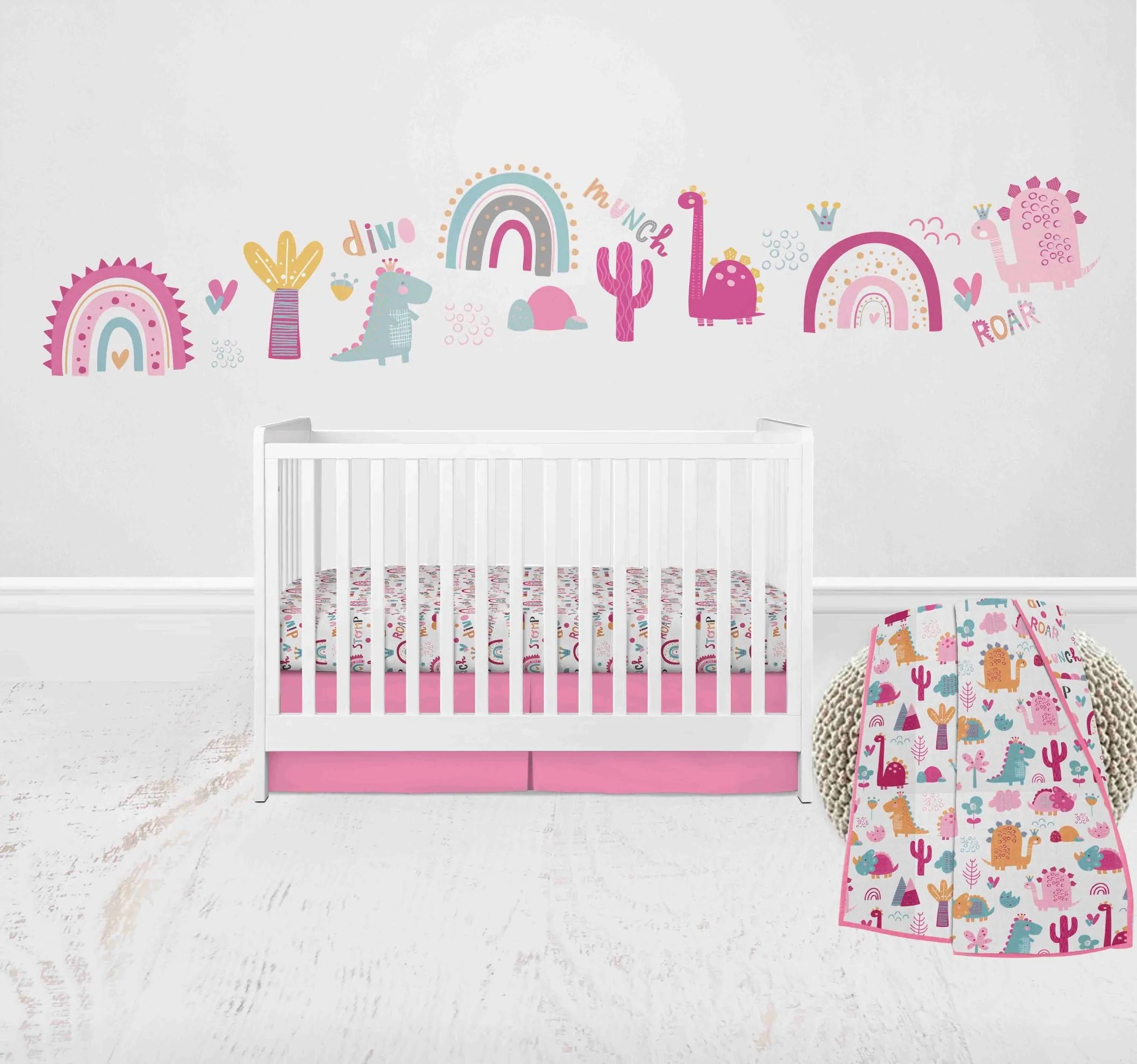 Pink dinosaur top crib bedding