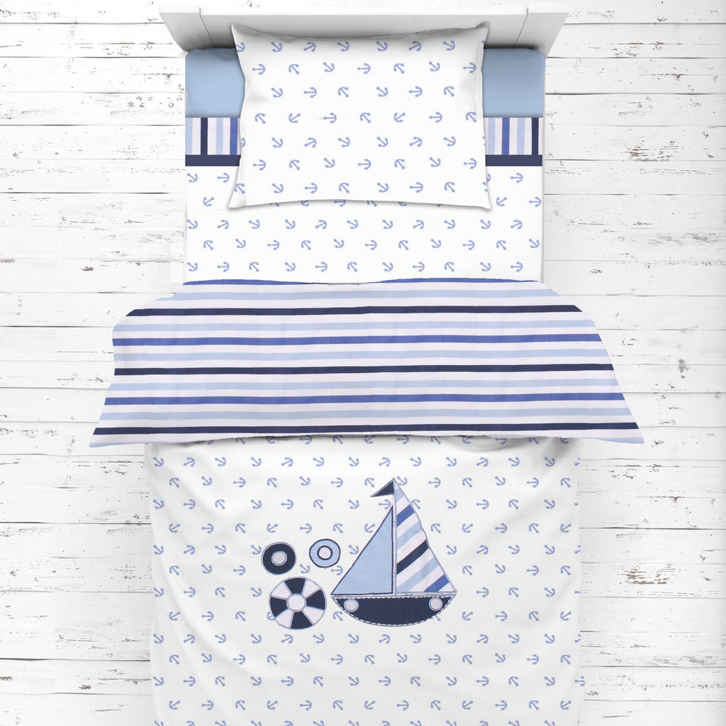 Boys 4 pc Toddler Bedding/3 pc Sheet Set 100% Cotton Percale, Little Sailor Blue/Navy - Bacati - 4 pc Toddler Bedding Set - Bacati