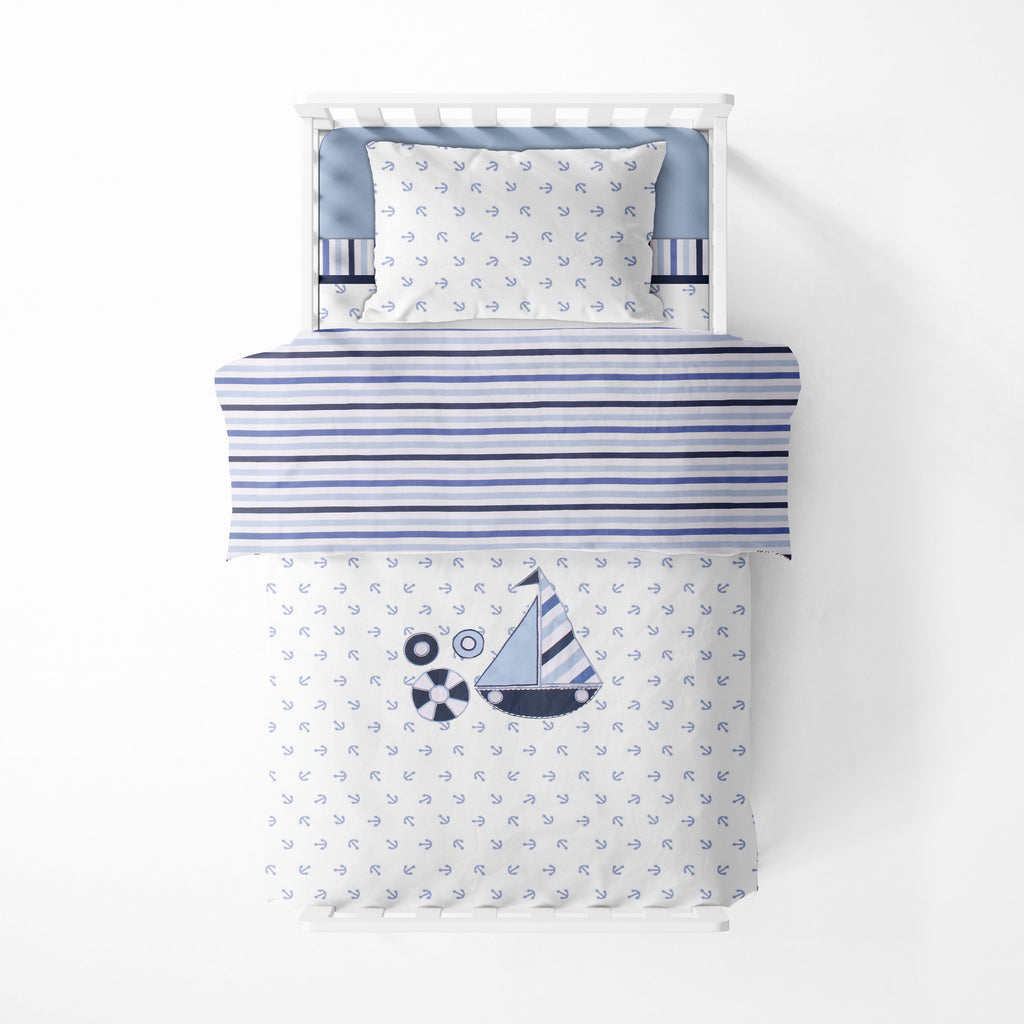 Boys 4 pc Toddler Bedding/3 pc Sheet Set 100% Cotton Percale, Little Sailor Blue/Navy - Bacati - 4 pc Toddler Bedding Set - Bacati