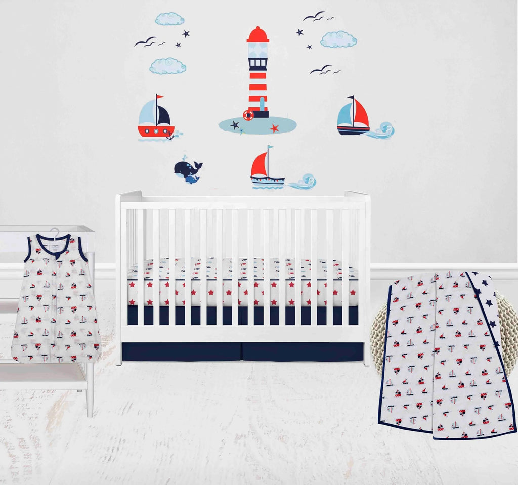 Whales Boats 4 Piece Muslin Crib Bedding Set Blue Navy Red Boys Bacati