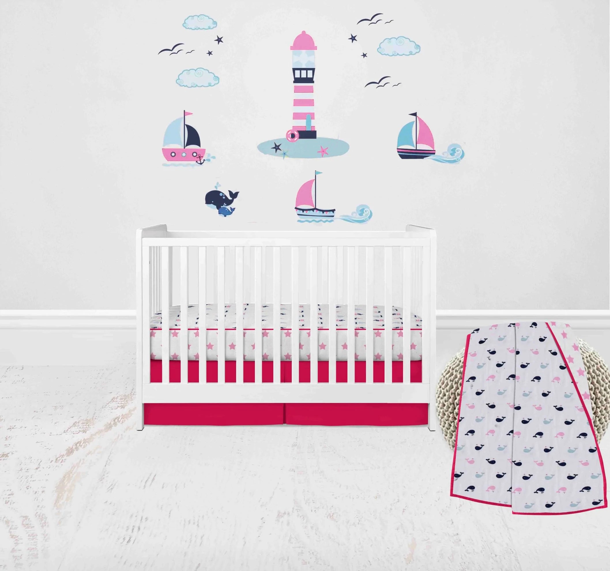 Whales Boats 3 Piece Muslin Girls Crib Bedding Set Pink Navy Blue