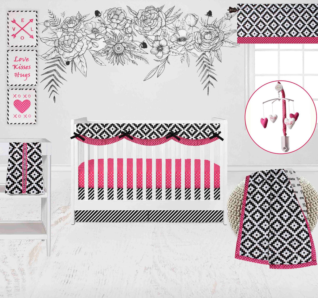 Love Aztec Black/Fuchsia Girls Crib Bedding Set - Bacati - Crib Bedding Set - Bacati