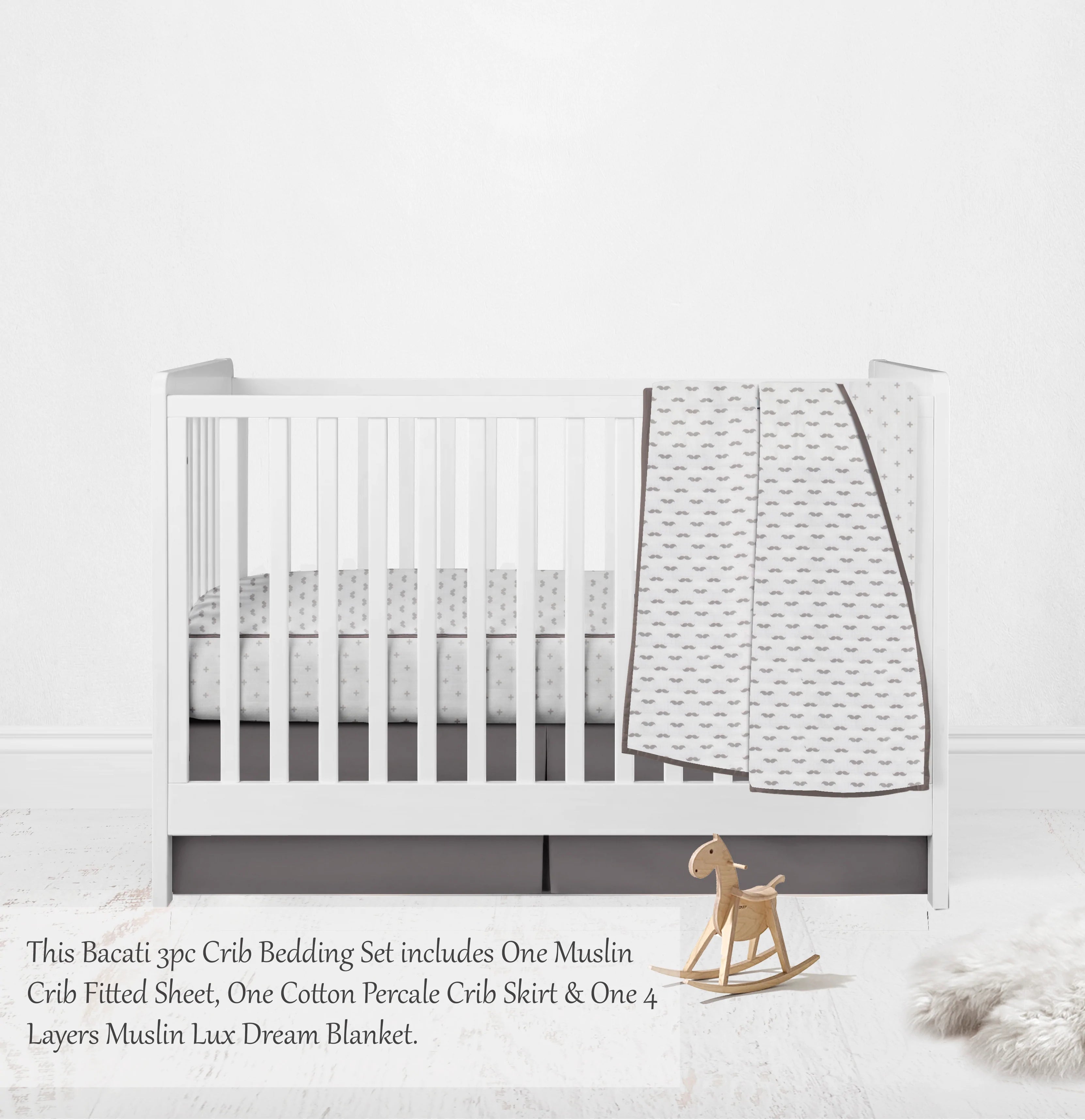 Bacati Love Aztec Moustache/Jacks 3-Piece Muslin Crib Bedding Set