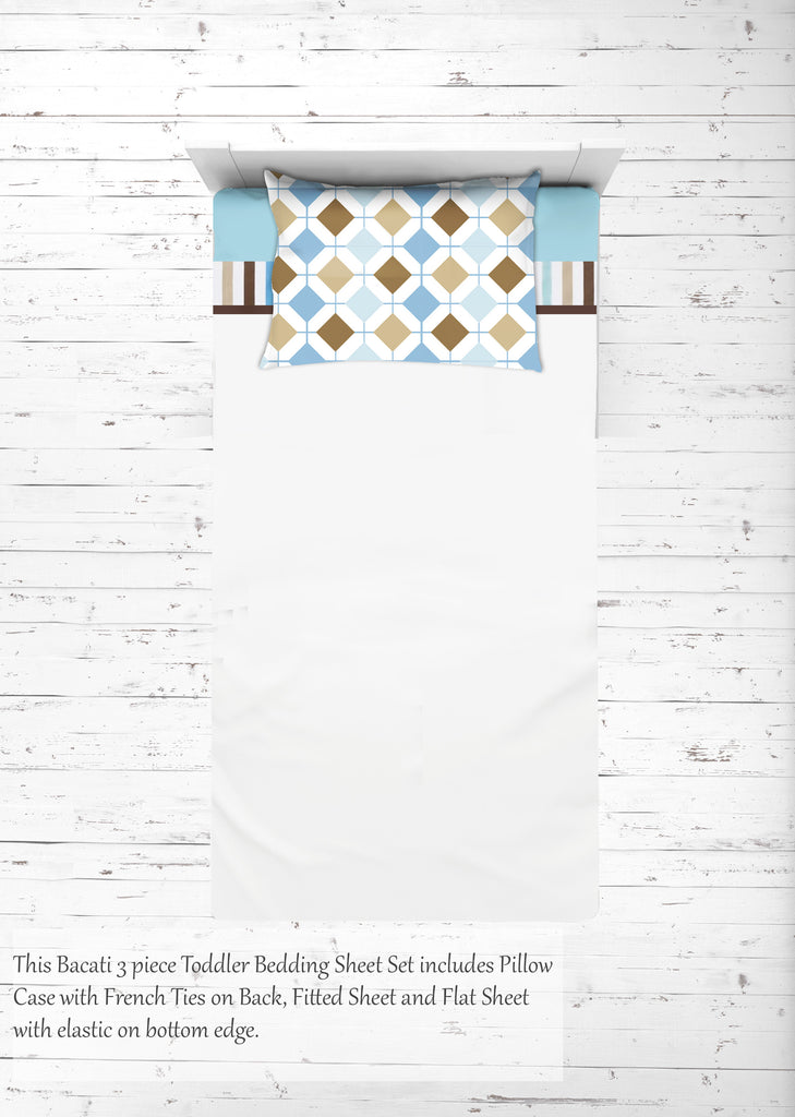 Boys 4 pc Toddler Bedding/3 pc Sheet Set 100% Cotton Percale, Mod Diamonds Stripes, Aqua/Teal/Beige/Brown - Bacati - 4 pc Toddler Bedding Set - Bacati