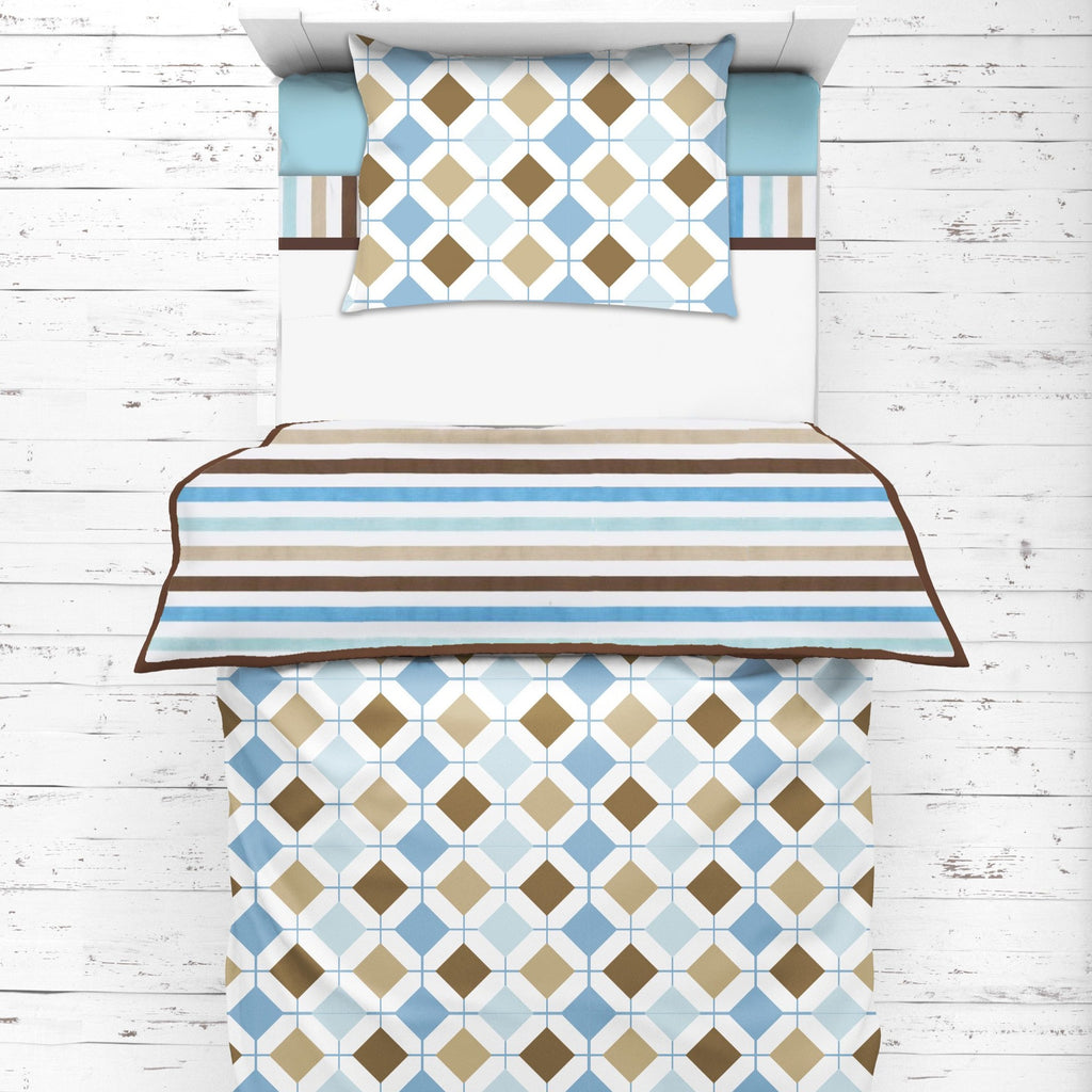 Boys 4 pc Toddler Bedding/3 pc Sheet Set 100% Cotton Percale, Mod Diamonds Stripes, Aqua/Teal/Beige/Brown - Bacati - 4 pc Toddler Bedding Set - Bacati