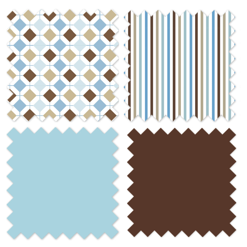 Boys 4 pc Toddler Bedding/3 pc Sheet Set 100% Cotton Percale, Mod Diamonds Stripes, Aqua/Teal/Beige/Brown - Bacati - 4 pc Toddler Bedding Set - Bacati