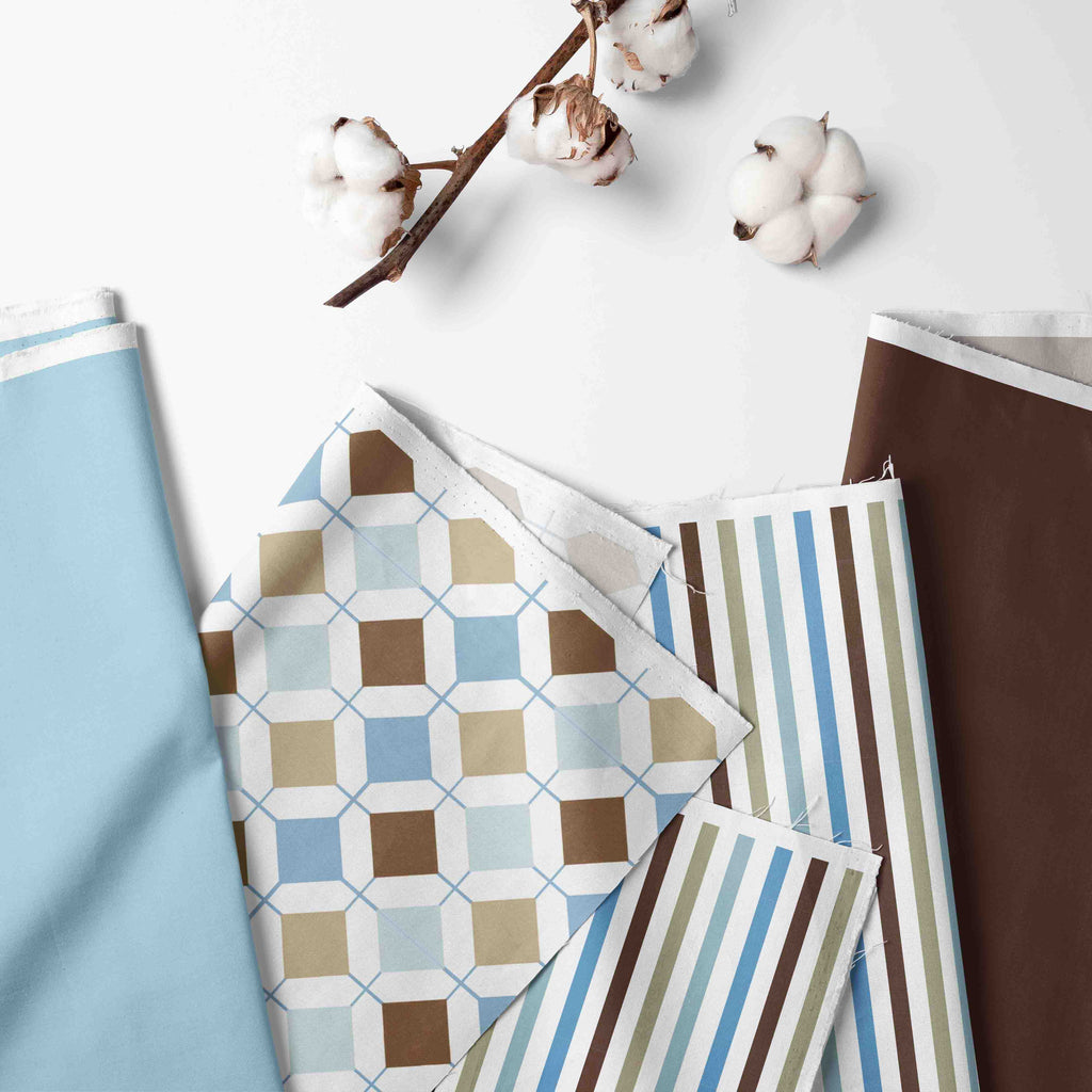 Bacati - Boys 4 pc Toddler Bedding/3 pc Sheet Set 100% Cotton Percale, Mod Diamonds Stripes, Aqua/Teal/Beige/Brown - Bacati - 4 pc Toddler Bedding Set - Bacati