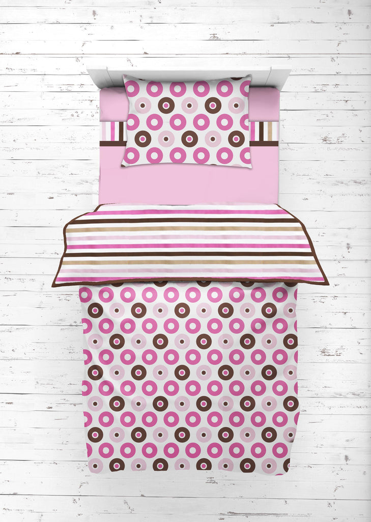 Girls 4 pc Toddler Bedding/3 pc Sheet Set 100% Cotton Percale, Mod Dots/Stripes, Pink/Fuchsia/Beige/Brown - Bacati - 4 pc Toddler Bedding Set - Bacati