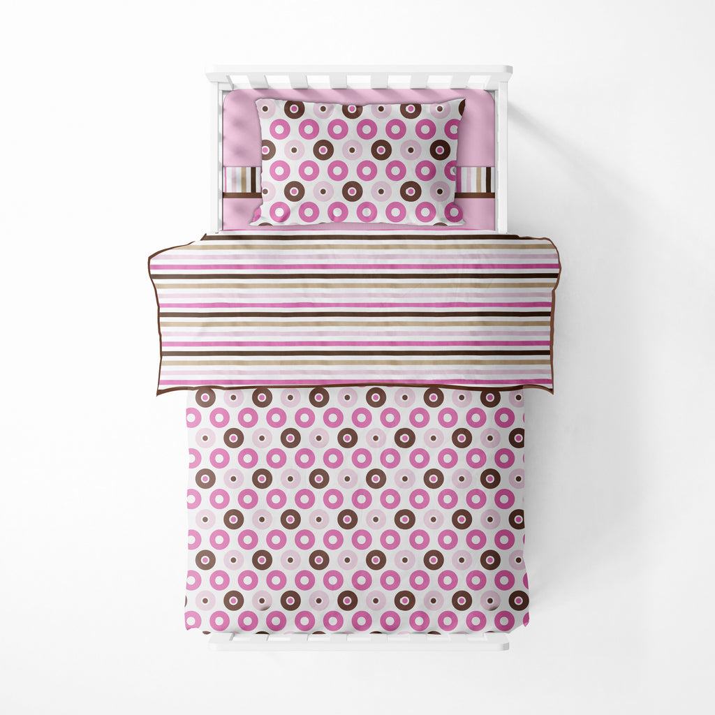 Girls 4 pc Toddler Bedding/3 pc Sheet Set 100% Cotton Percale, Mod Dots/Stripes, Pink/Fuchsia/Beige/Brown - Bacati - 4 pc Toddler Bedding Set - Bacati