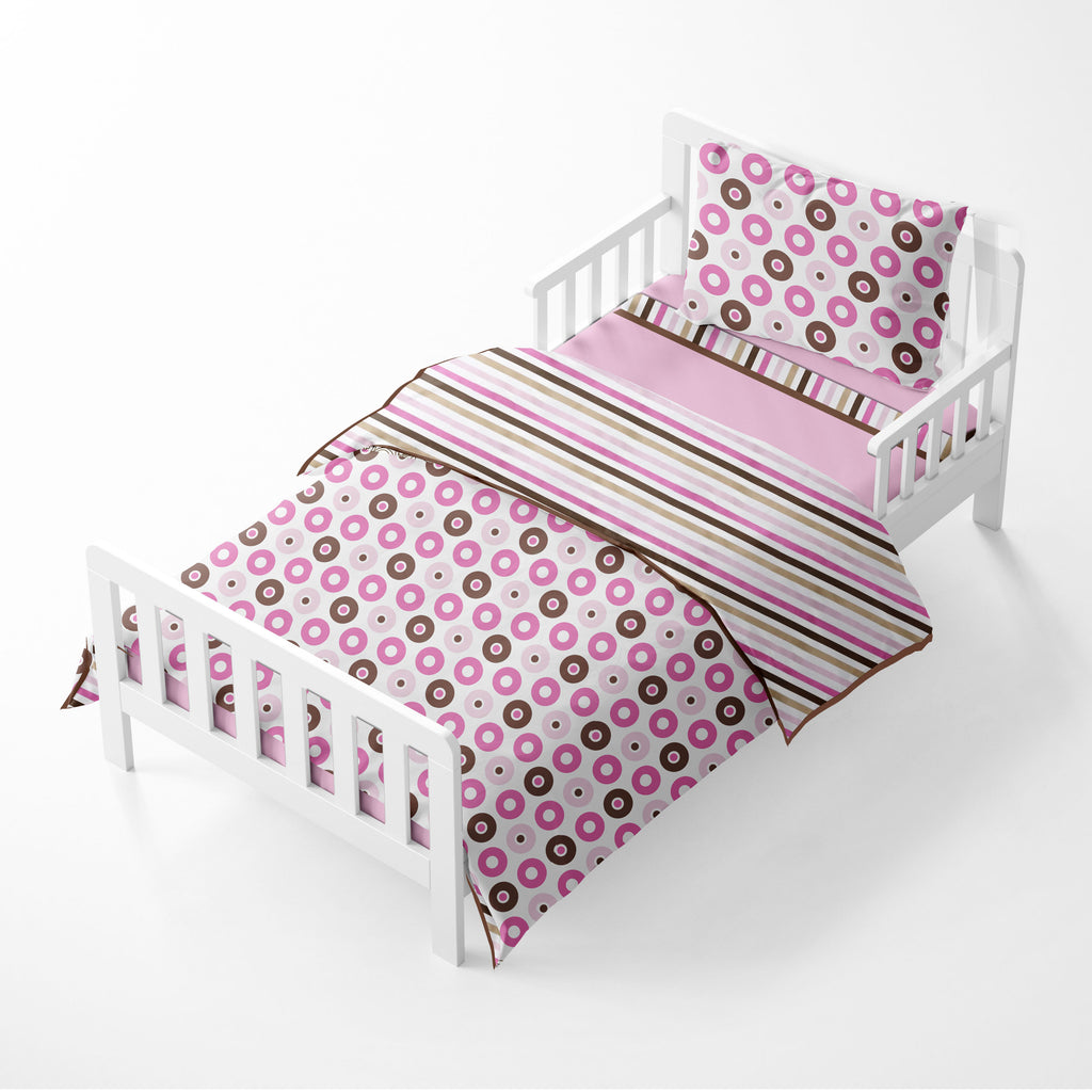 Girls 4 pc Toddler Bedding/3 pc Sheet Set 100% Cotton Percale, Mod Dots/Stripes, Pink/Fuchsia/Beige/Brown - Bacati - 4 pc Toddler Bedding Set - Bacati
